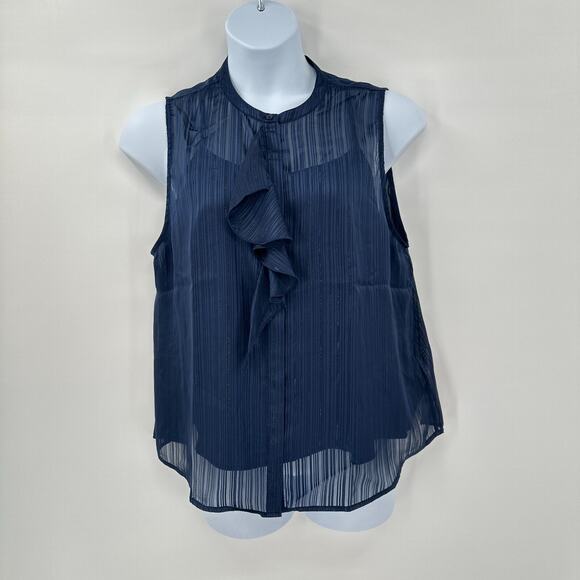 7 For All Mankind Sleeveless Shirt XL Tank Top Sheer Overlay Blue Metallic‎ - Picture 1 of 10